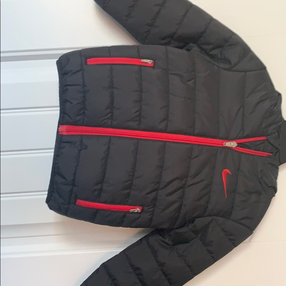 Kids Black Down Jacket with hood and zips.